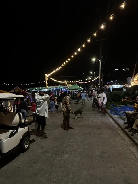 String lights over a night market on the waterfront